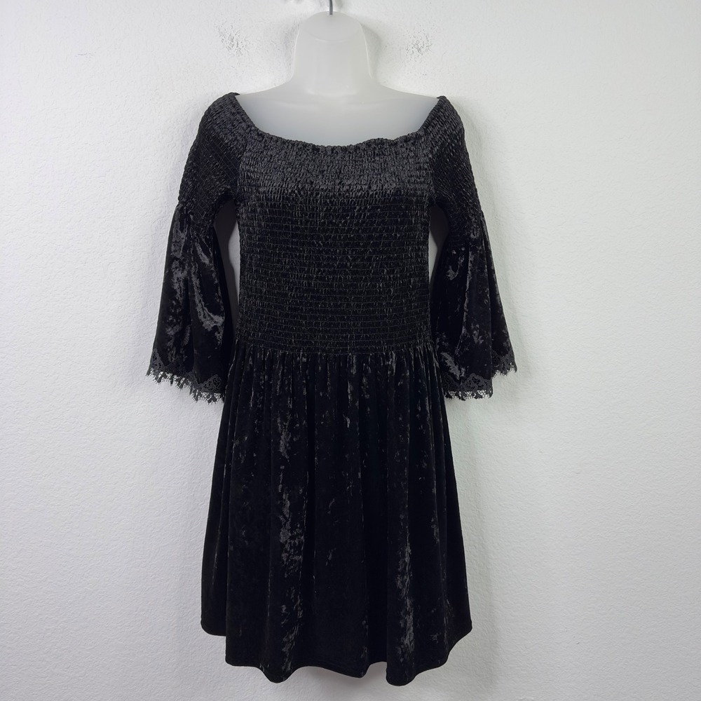 Kobi Halperin Dress Women‎ M Black Velvet Smocked Off Shoulder Whimsigoth Witchy